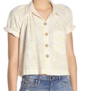 We The Free Linen Blend Blouse sz Large Cropped Sea Striped Frayed Hem Top